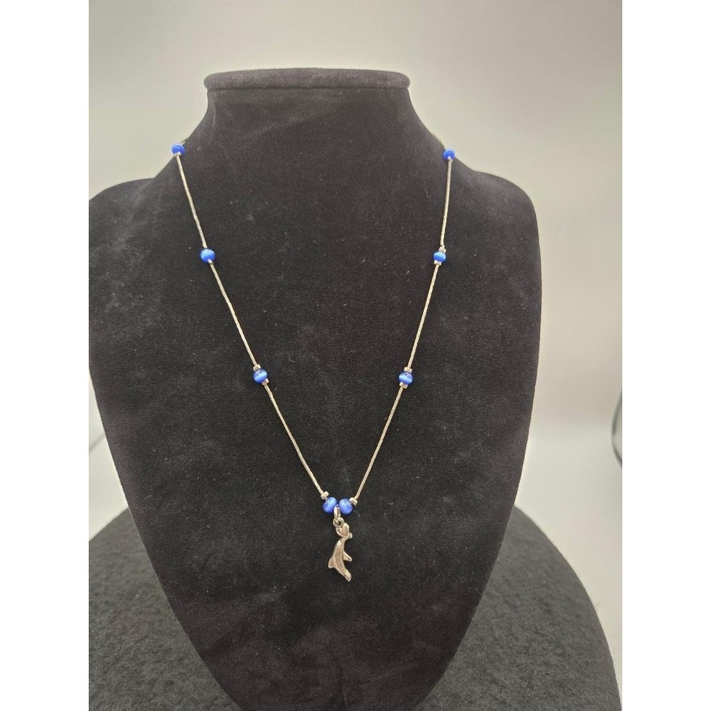 Vintage Cool Jewels Silvertone Dolphin Station Necklace Blue Cat's Eye Beads
